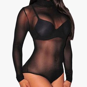 Transparent black turtle neck body suit